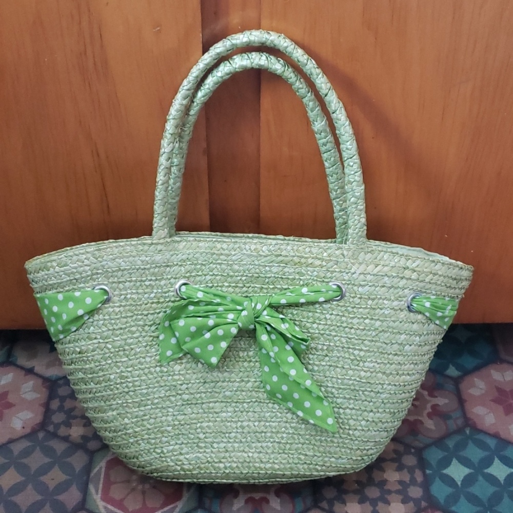 Green and Polka Dot Woven Tote Bag